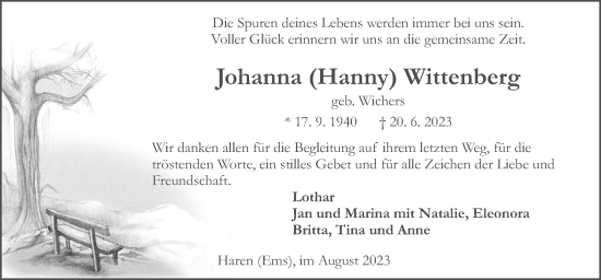 Traueranzeige von Johanna Wittenberg von Neue Osnabrücker Zeitung GmbH & Co. KG