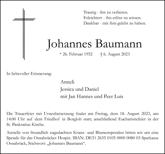 Traueranzeige von Johannes Baumann von Neue Osnabrücker Zeitung GmbH & Co. KG