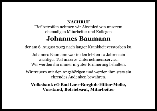 Traueranzeige von Johannes Baumann von Neue Osnabrücker Zeitung GmbH & Co. KG