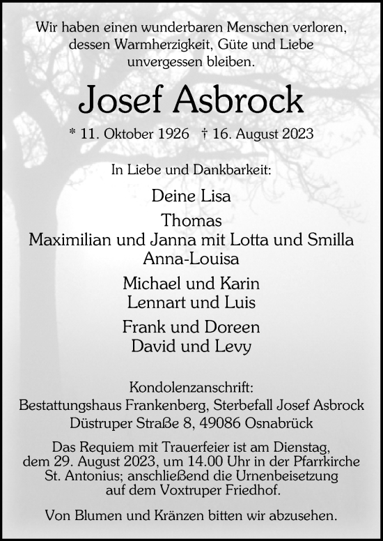 Traueranzeige von Josef Asbrock von Neue Osnabrücker Zeitung GmbH & Co. KG