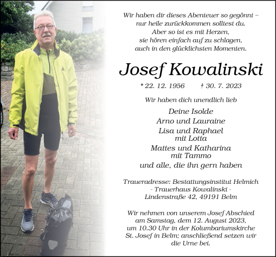 Traueranzeige von Josef Kowalinski von Neue Osnabrücker Zeitung GmbH & Co. KG
