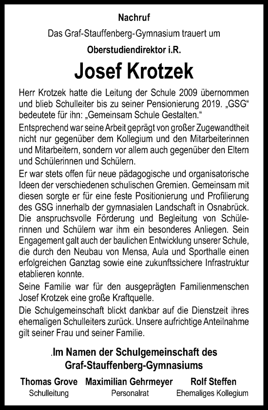 Traueranzeige von Josef Krotzek von Neue Osnabrücker Zeitung GmbH & Co. KG
