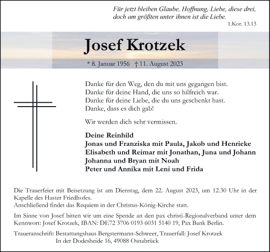 Traueranzeige von Josef Krotzek von Neue Osnabrücker Zeitung GmbH & Co. KG
