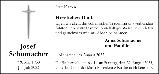 Traueranzeige von Josef Schumacher von Neue Osnabrücker Zeitung GmbH & Co. KG