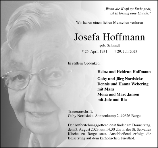 Traueranzeige von Josefa Hoffmann von Neue Osnabrücker Zeitung GmbH & Co. KG