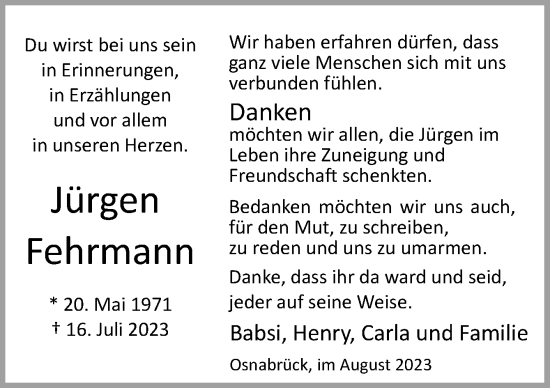 Traueranzeige von Jürgen Fehrmann von Neue Osnabrücker Zeitung GmbH & Co. KG