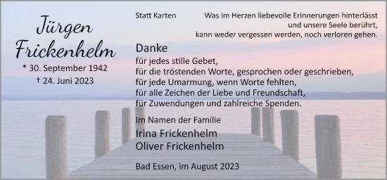 Traueranzeige von Jürgen Frickenhelm von Neue Osnabrücker Zeitung GmbH & Co. KG