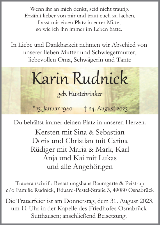 Traueranzeige von Karin Rudnick von Neue Osnabrücker Zeitung GmbH & Co. KG