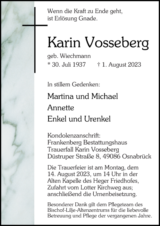 Traueranzeige von Karin Vosseberg von Neue Osnabrücker Zeitung GmbH & Co. KG