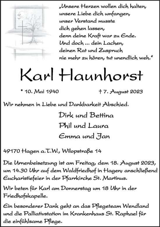 Traueranzeige von Karl Haunhorst von Neue Osnabrücker Zeitung GmbH & Co. KG