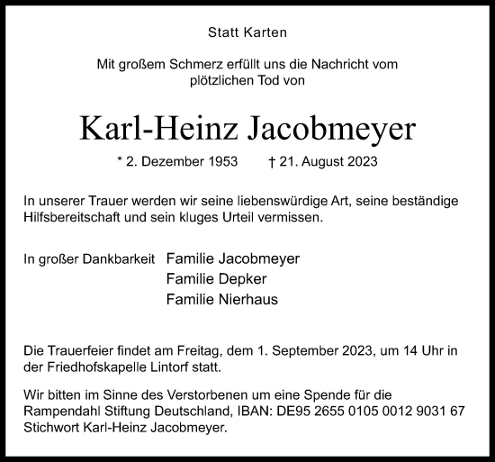 Traueranzeige von Karl-Heinz Jacobmeyer von Neue Osnabrücker Zeitung GmbH & Co. KG