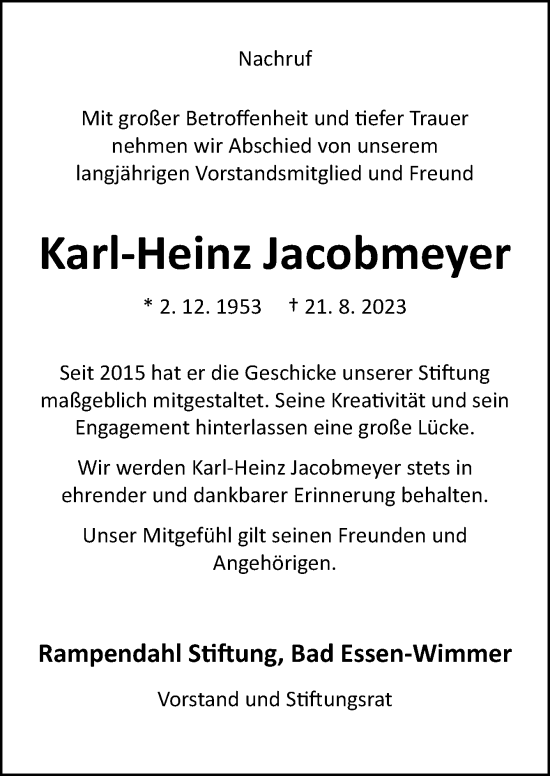 Traueranzeige von Karl-Heinz Jacobmeyer von Neue Osnabrücker Zeitung GmbH & Co. KG