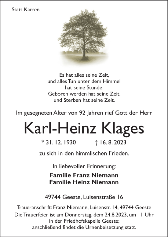 Traueranzeige von Karl-Heinz Klages von Neue Osnabrücker Zeitung GmbH & Co. KG