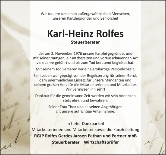 Traueranzeige von Karl-Heinz Rolfes von Neue Osnabrücker Zeitung GmbH & Co. KG