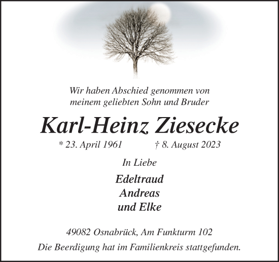 Traueranzeige von Karl-Heinz Ziesecke von Neue Osnabrücker Zeitung GmbH & Co. KG