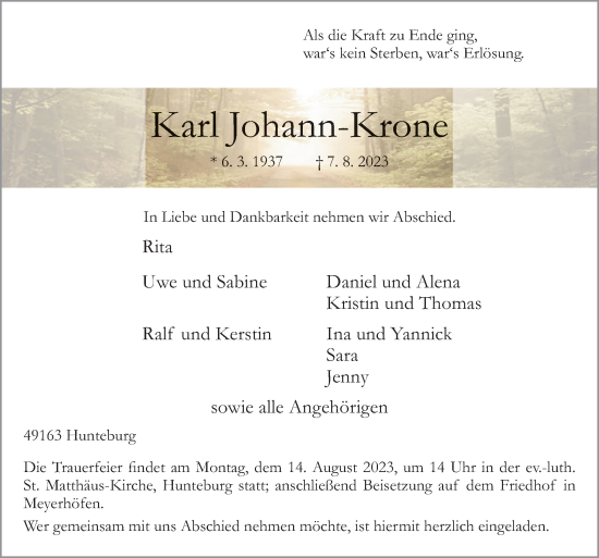 Traueranzeige von Karl Johann-Krone von Neue Osnabrücker Zeitung GmbH & Co. KG