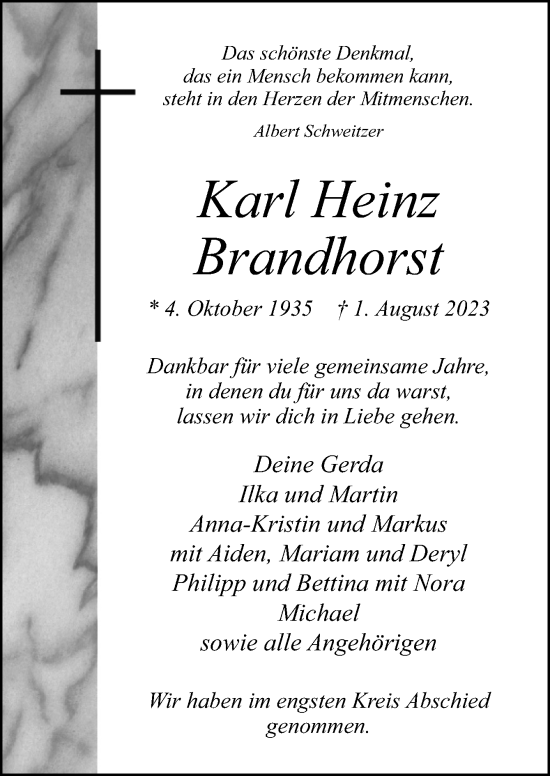 Traueranzeige von Karl Heinz Brandhorst von Neue Osnabrücker Zeitung GmbH & Co. KG