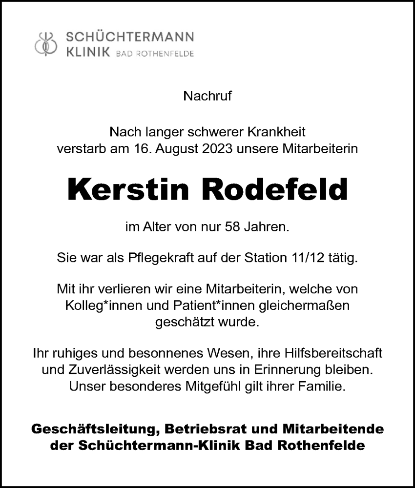  Traueranzeige für Kerstin Rodefeld vom 26.08.2023 aus Neue Osnabrücker Zeitung GmbH & Co. KG