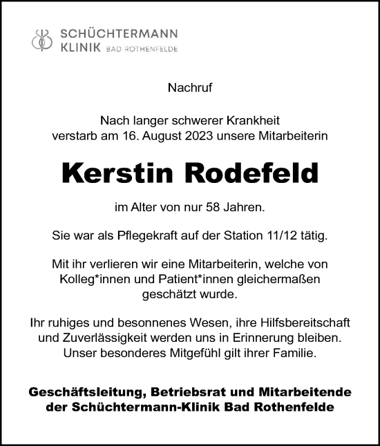 Traueranzeige von Kerstin Rodefeld von Neue Osnabrücker Zeitung GmbH & Co. KG