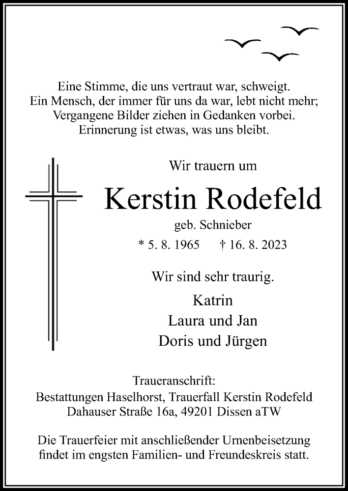  Traueranzeige für Kerstin Rodefeld vom 26.08.2023 aus Neue Osnabrücker Zeitung GmbH & Co. KG