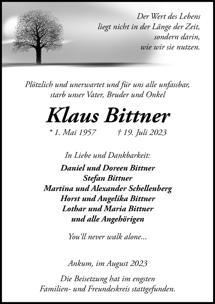  Traueranzeige für Klaus Bittner vom 05.08.2023 aus Neue Osnabrücker Zeitung GmbH & Co. KG