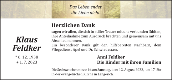 Traueranzeige von Klaus Feldker von Neue Osnabrücker Zeitung GmbH & Co. KG