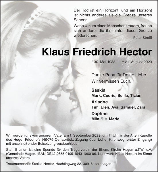 Traueranzeige von Klaus Friedrich Hector von Neue Osnabrücker Zeitung GmbH & Co. KG