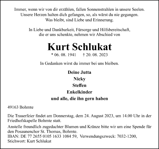 Traueranzeige von Kurt Schlukat von Neue Osnabrücker Zeitung GmbH & Co. KG