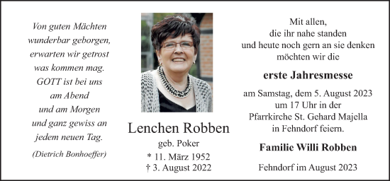Traueranzeige von Lenchen Robben von Neue Osnabrücker Zeitung GmbH & Co. KG