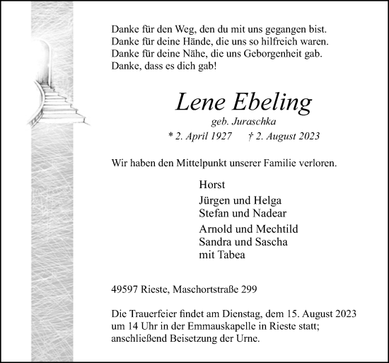Traueranzeige von Lene Ebeling von Neue Osnabrücker Zeitung GmbH & Co. KG
