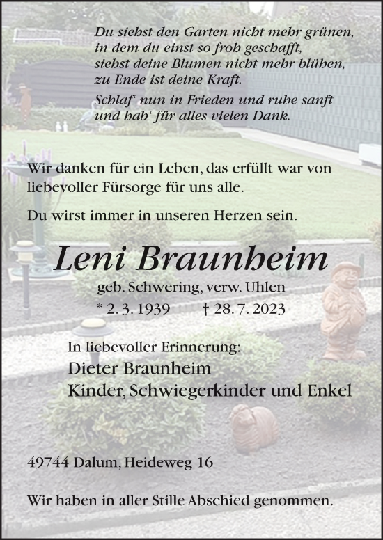 Traueranzeige von Leni Braunheim von Neue Osnabrücker Zeitung GmbH & Co. KG