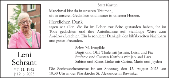 Traueranzeige von Leni Schrant von Neue Osnabrücker Zeitung GmbH & Co. KG