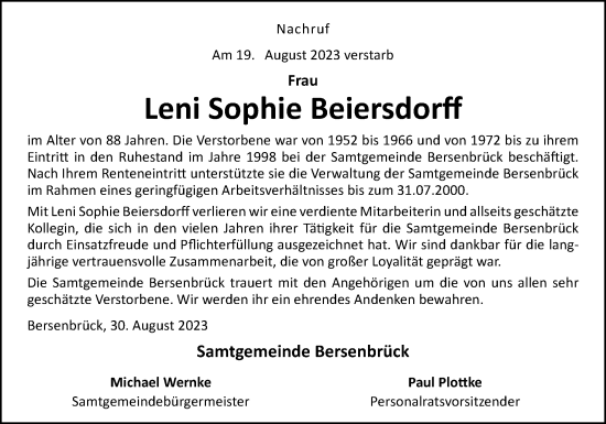 Traueranzeige von Leni Sophie Beiersdorff von Neue Osnabrücker Zeitung GmbH & Co. KG