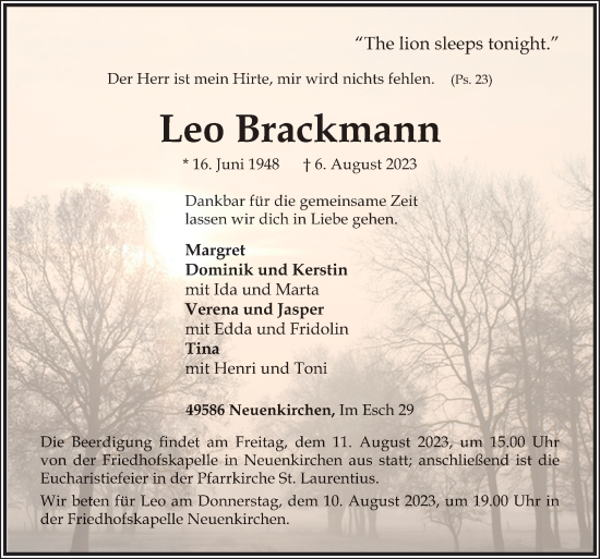 Traueranzeige von Leo Brackmann von Neue Osnabrücker Zeitung GmbH & Co. KG