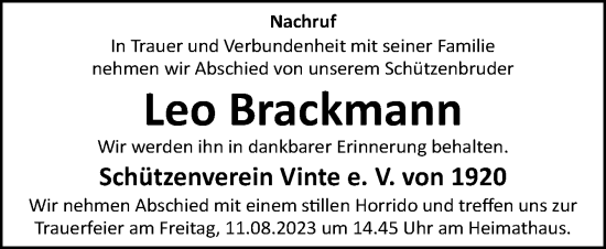 Traueranzeige von Leo Brackmann von Neue Osnabrücker Zeitung GmbH & Co. KG