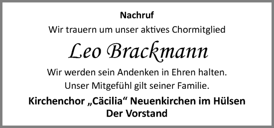 Traueranzeige von Leo Brackmann von Neue Osnabrücker Zeitung GmbH & Co. KG