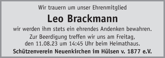 Traueranzeige von Leo Brackmann von Neue Osnabrücker Zeitung GmbH & Co. KG