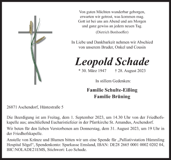 Traueranzeige von Leopold Schade von Neue Osnabrücker Zeitung GmbH & Co. KG