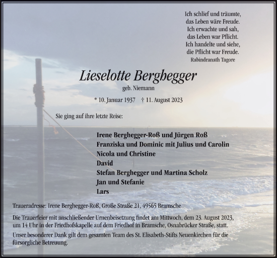 Traueranzeige von Lieselotte Berghegger von Neue Osnabrücker Zeitung GmbH & Co. KG
