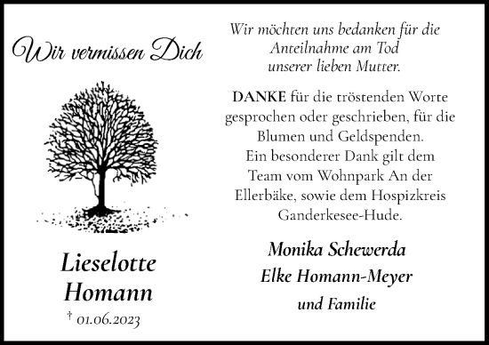 Traueranzeige von Lieselotte Homann von DK Medien GmbH & Co. KG