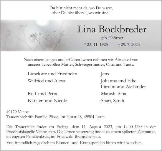 Traueranzeige von Lina Bockbreder von Neue Osnabrücker Zeitung GmbH & Co. KG