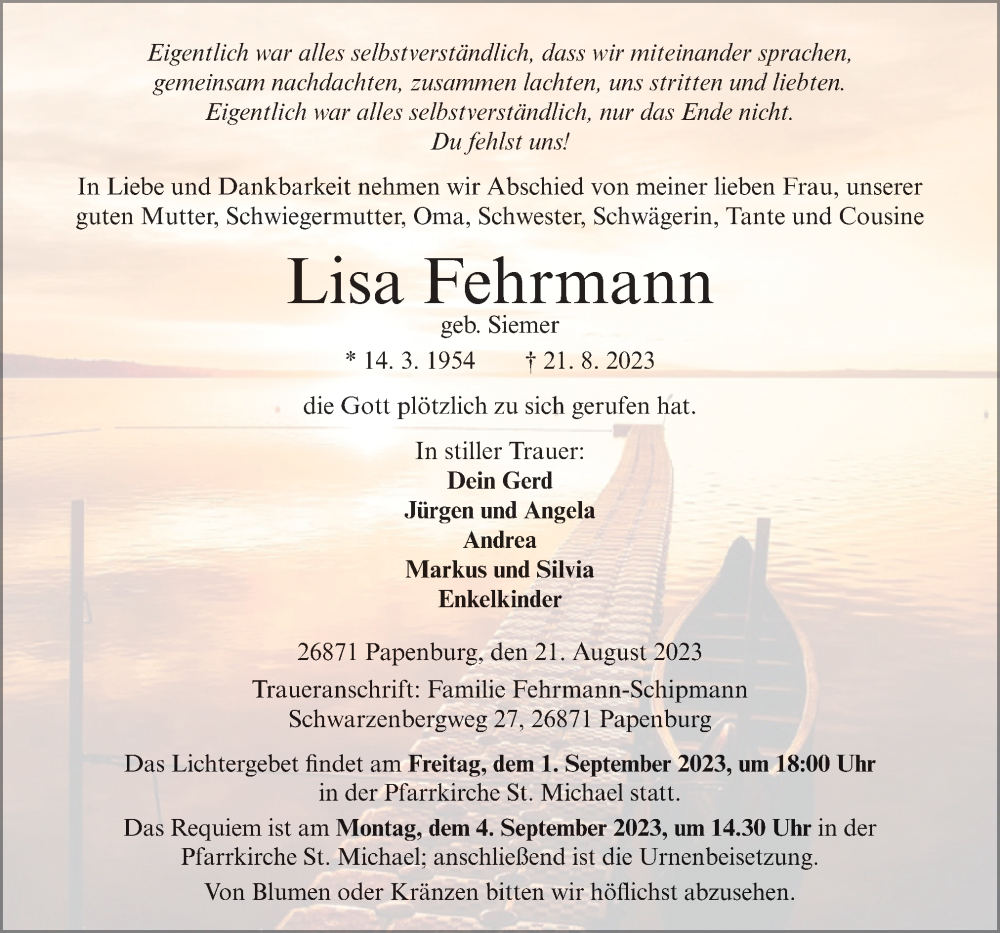  Traueranzeige für Lisa Fehrmann vom 26.08.2023 aus Neue Osnabrücker Zeitung GmbH & Co. KG