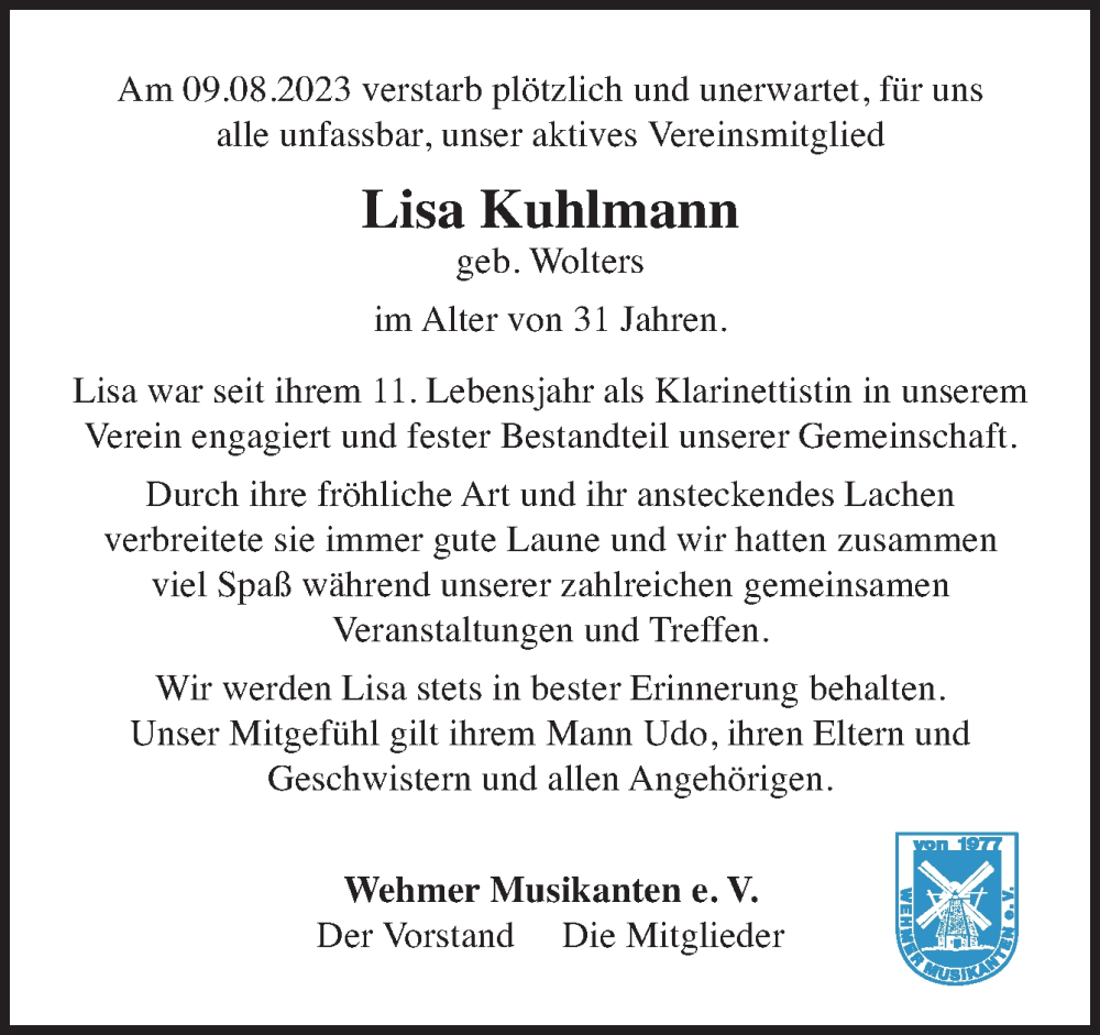  Traueranzeige für Lisa Kuhlmann vom 15.08.2023 aus Neue Osnabrücker Zeitung GmbH & Co. KG