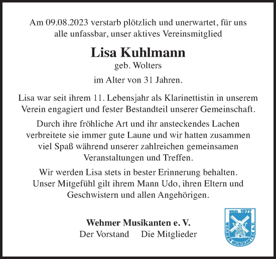 Traueranzeige von Lisa Kuhlmann von Neue Osnabrücker Zeitung GmbH & Co. KG