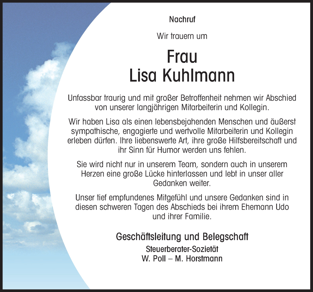  Traueranzeige für Lisa Kuhlmann vom 15.08.2023 aus Neue Osnabrücker Zeitung GmbH & Co. KG