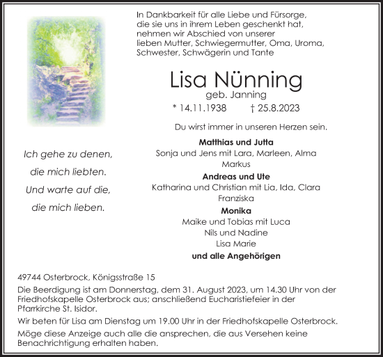 Traueranzeige von Lisa Nünning von Neue Osnabrücker Zeitung GmbH & Co. KG