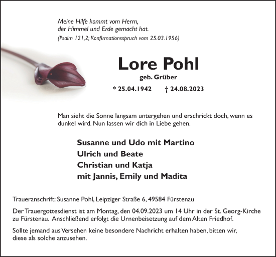 Traueranzeige von Lore Pohl von Neue Osnabrücker Zeitung GmbH & Co. KG