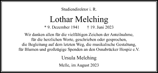 Traueranzeige von Lothar Melching von Neue Osnabrücker Zeitung GmbH & Co. KG