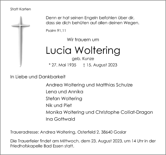 Traueranzeige von Lucia Woltering von Neue Osnabrücker Zeitung GmbH & Co. KG