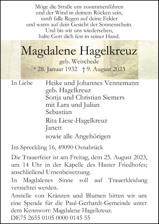 Traueranzeige von Magdalene Hagelkreuz von Neue Osnabrücker Zeitung GmbH & Co. KG